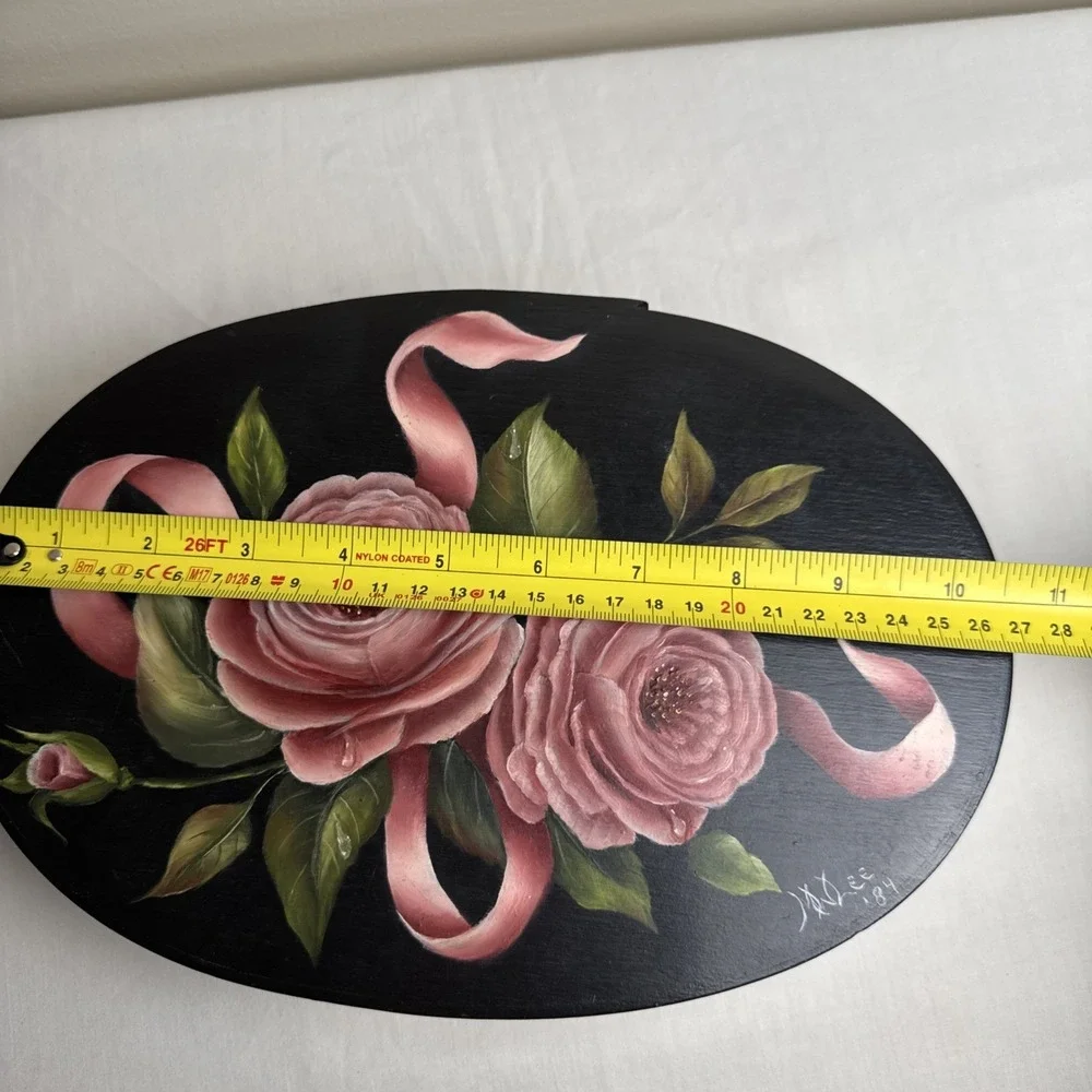 Vintage Hand Painted Roses Floral Oval Wood Jewelry Box 80s Cottagecore Keepsake